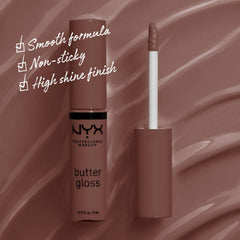 NYX Butter Gloss Ginger Snap swirl on lips with rich chocolate-brown color.