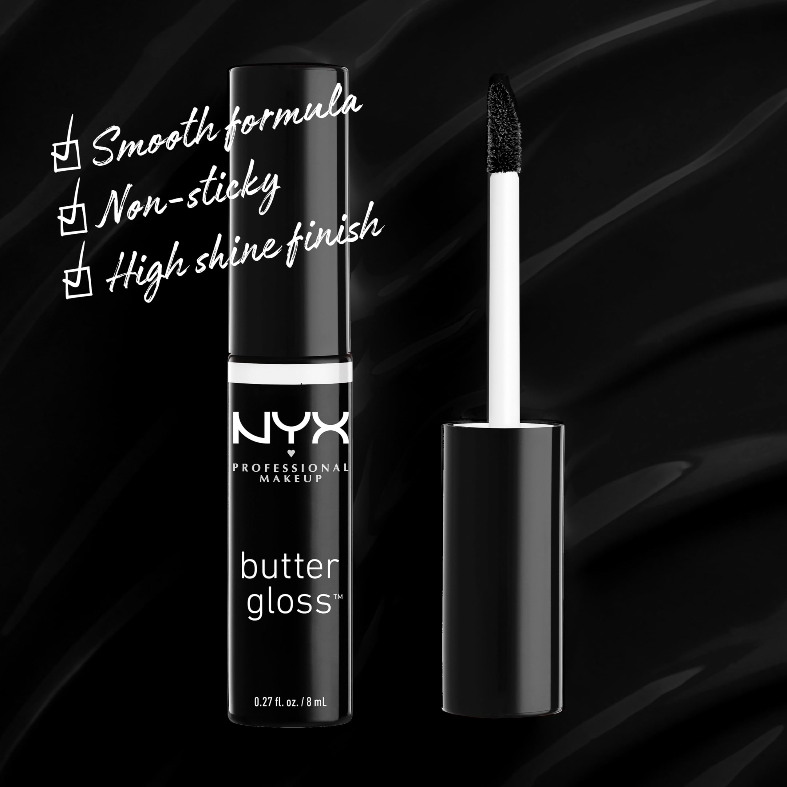 NYX Butter Gloss Licorice applicator swatch for smooth, even application.