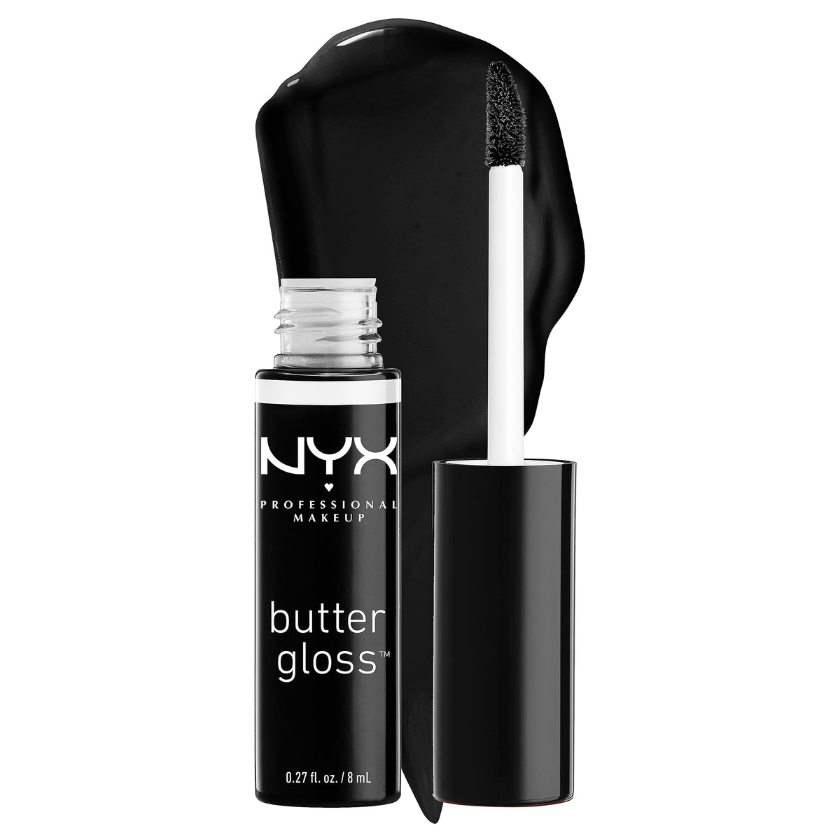 NYX Butter Gloss Licorice closeup shows glossy, non-sticky shine for everyday lips.