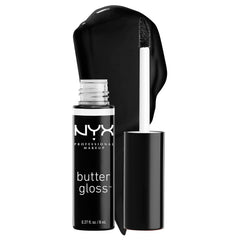 NYX Butter Gloss Licorice closeup shows glossy, non-sticky shine for everyday lips.