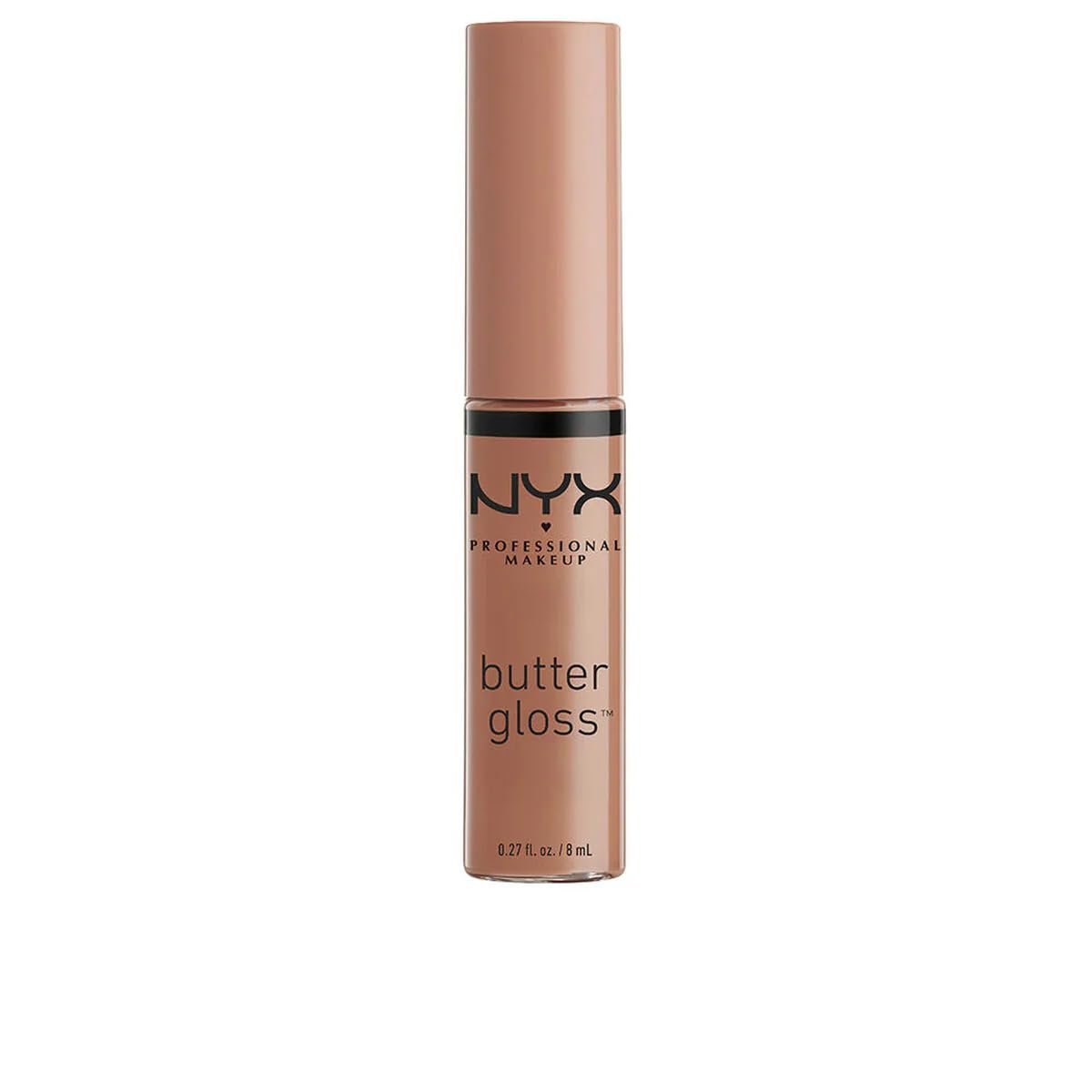 NYX Butter Gloss Madeleine mid-tone nude delivers soft, non-sticky shine for everyday lips.