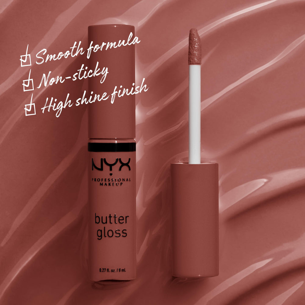 NYX Butter Gloss Praline applicator demonstrates precise, mess-free lip application.