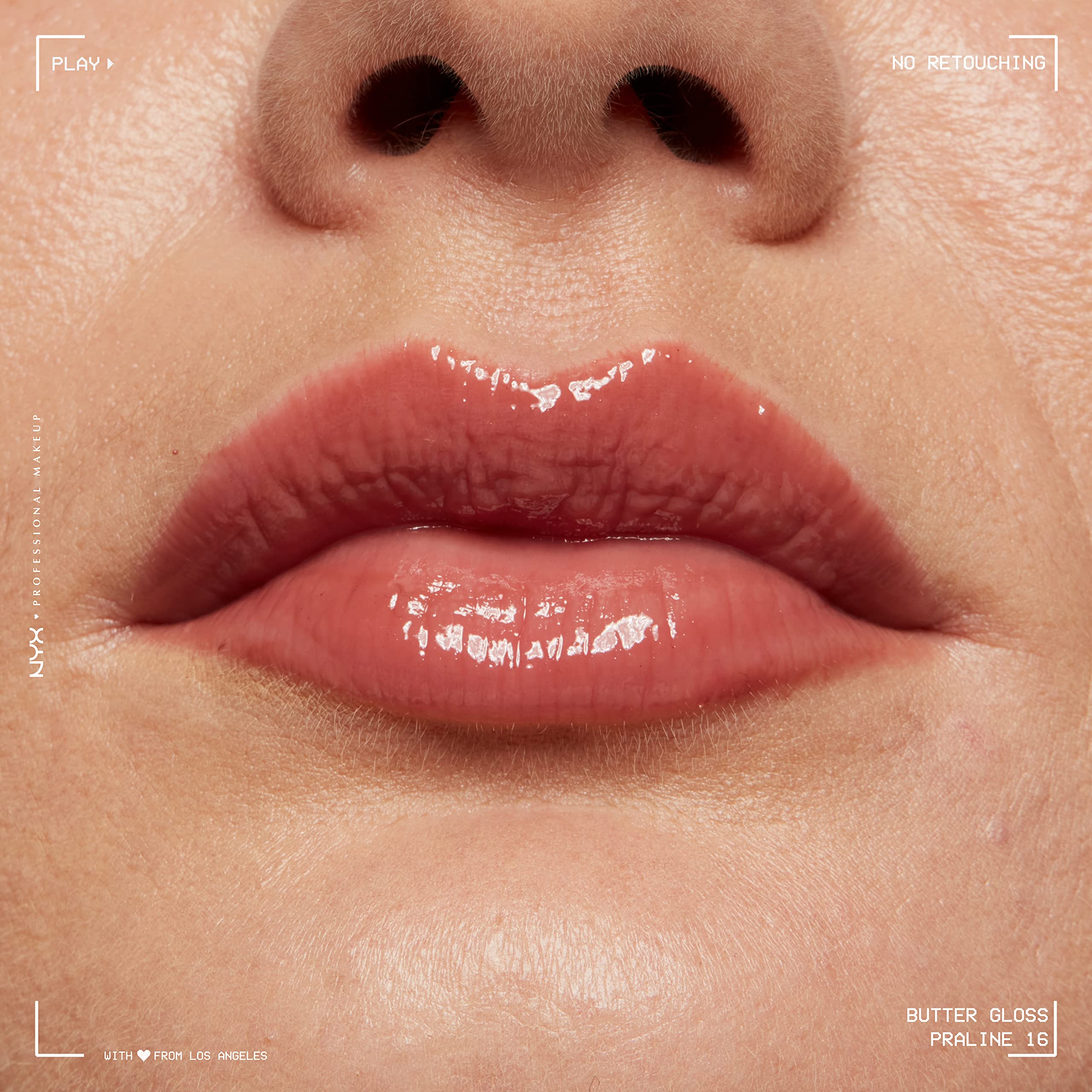 NYX Butter Gloss Praline travel-size packaging for portable lip glamour.