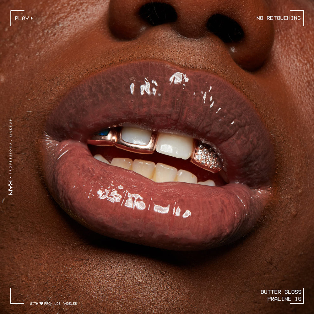 NYX Butter Gloss Praline on-the-go compact demonstrates quick lip touch-ups.