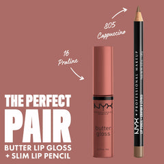 NYX Butter Gloss Praline on lips highlights a kissable, silky shine without stickiness.