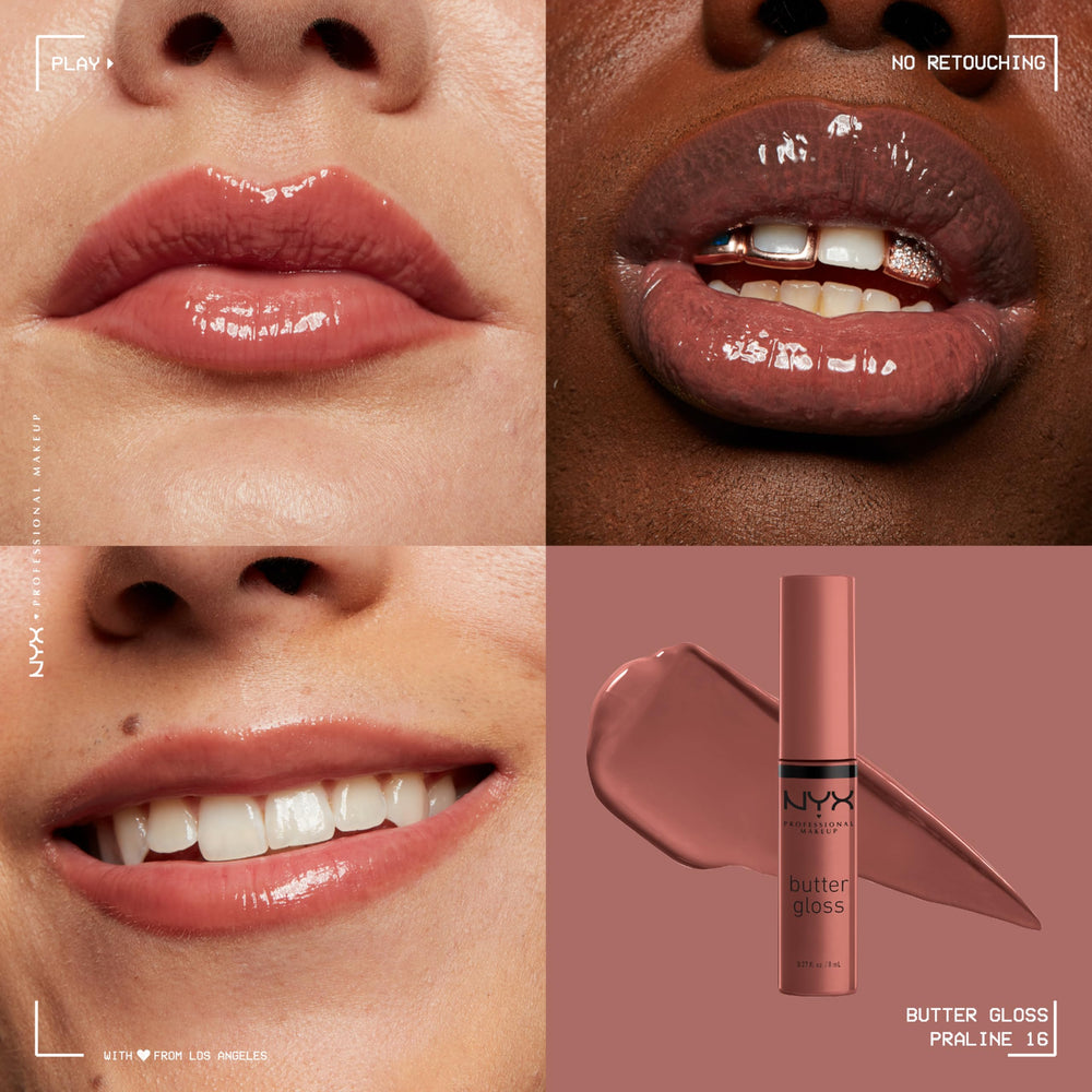 NYX Butter Gloss Praline swatches reveal a deep nude shade with sheer to medium coverage.