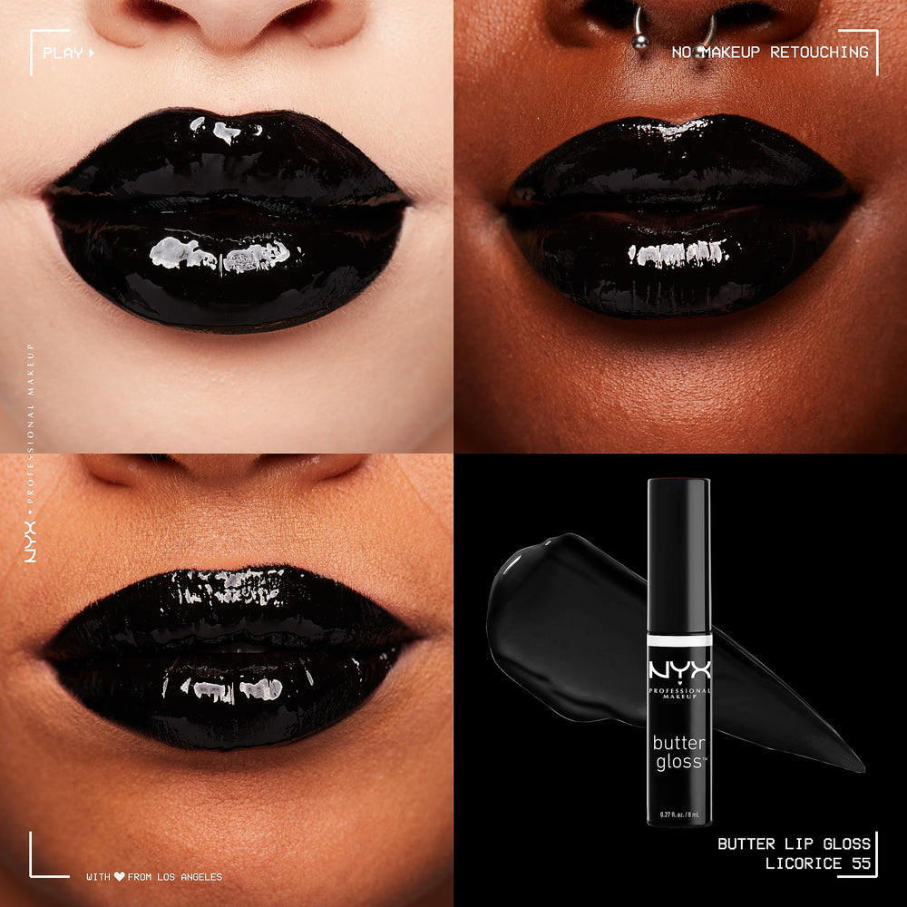 NYX Butter Gloss Licorice delivers sheer to medium coverage with a shine.
