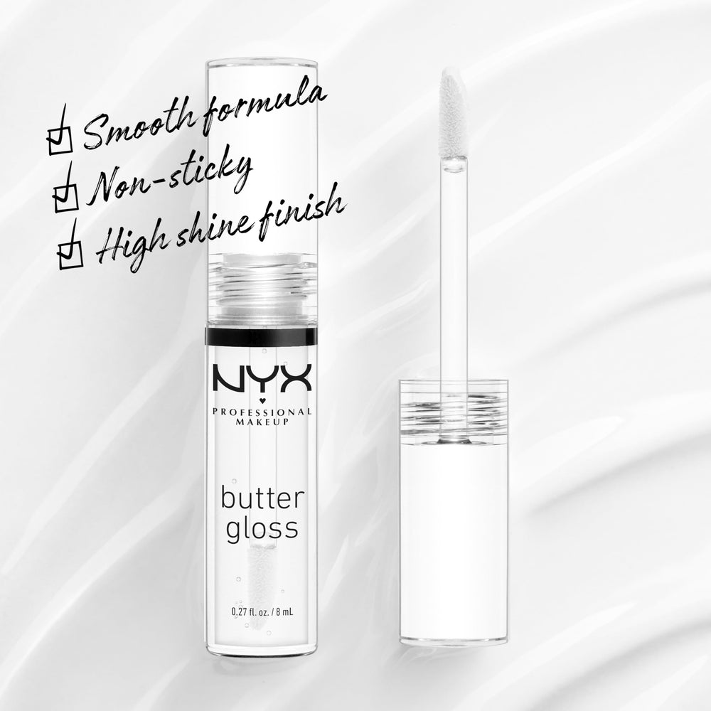 NYX PROFESSIONAL MAKEUP Butter Gloss Sugar Glass applicator shows smooth, creamy glide