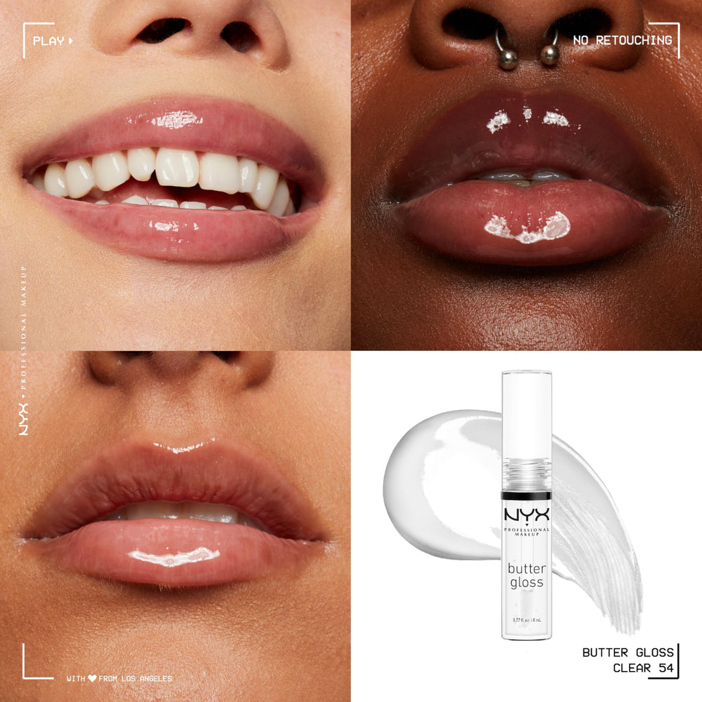 NYX PROFESSIONAL MAKEUP Butter Gloss Sugar Glass on lips delivers sheer-to-medium shine
