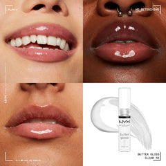 NYX PROFESSIONAL MAKEUP Butter Gloss Sugar Glass on lips delivers sheer-to-medium shine