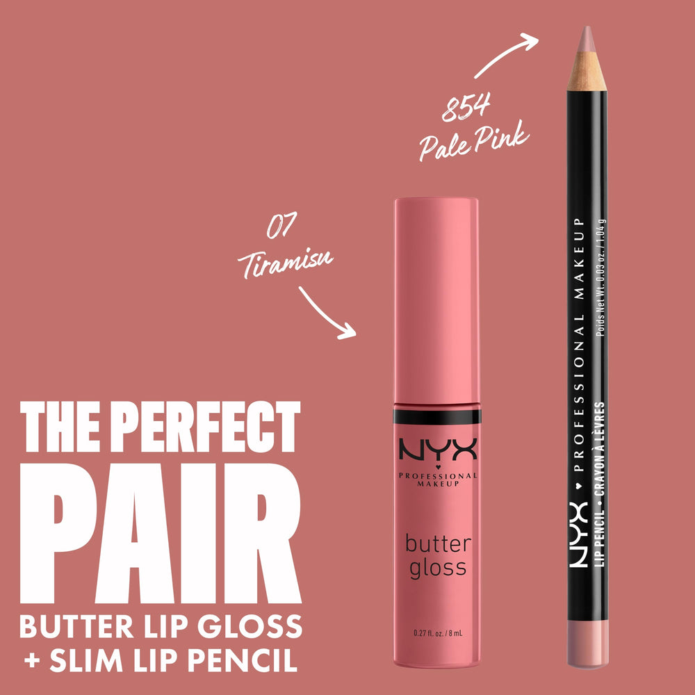 Nyx Butter Gloss Tiramisu on lips demonstrates creamy glide.