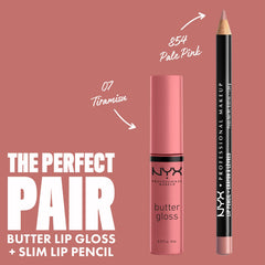 Nyx Butter Gloss Tiramisu on lips demonstrates creamy glide.