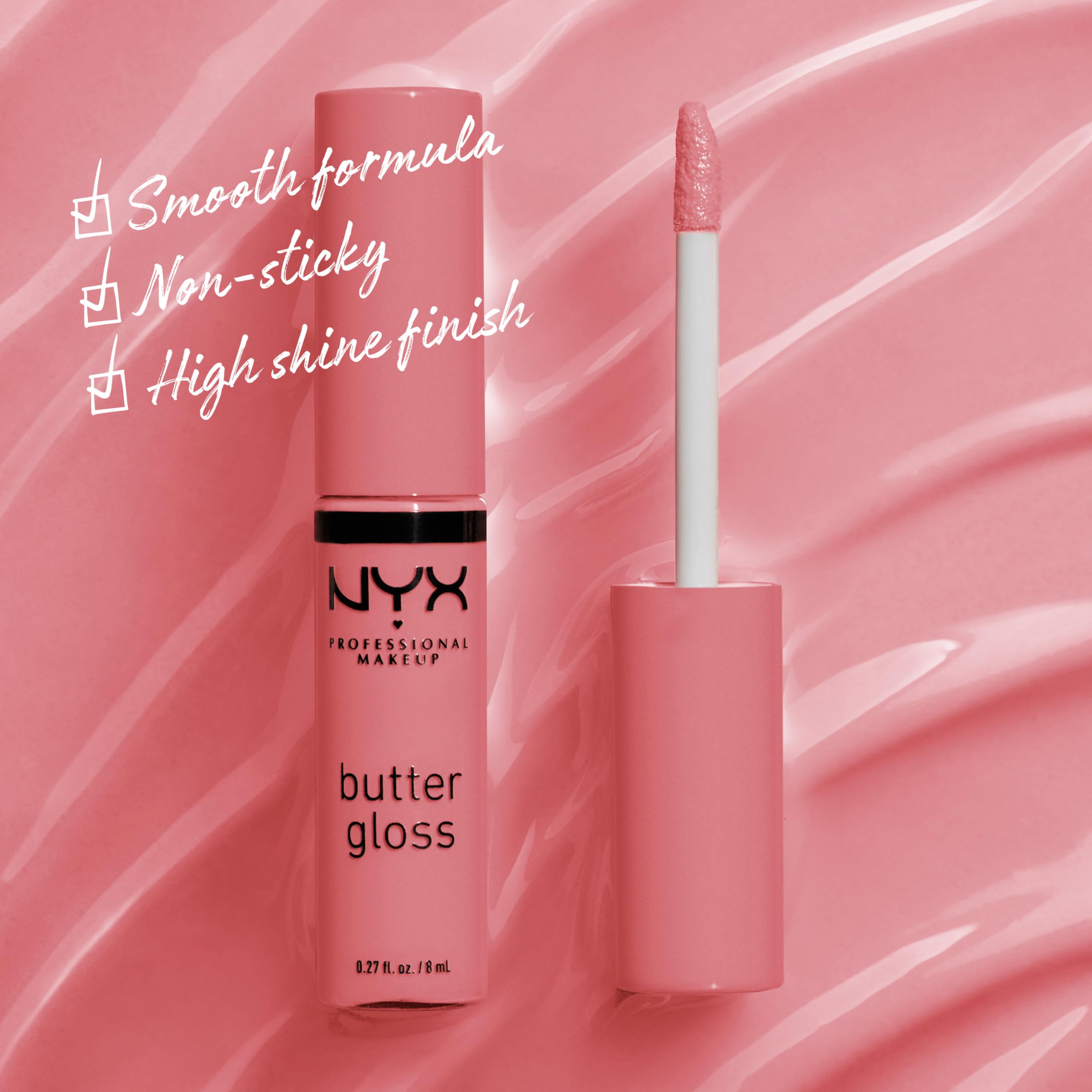 Nyx Butter Gloss Tiramisu cap close-up suggests non-sticky feel.