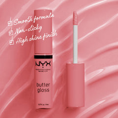 Nyx Butter Gloss Tiramisu cap close-up suggests non-sticky feel.