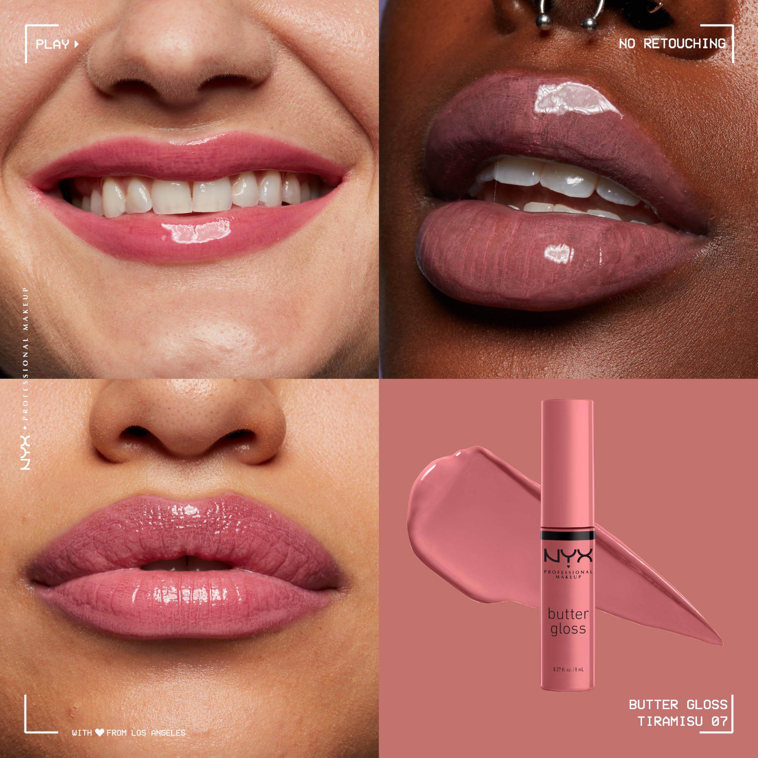 Nyx Butter Gloss Tiramisu swatches reveal sheer to medium coverage.