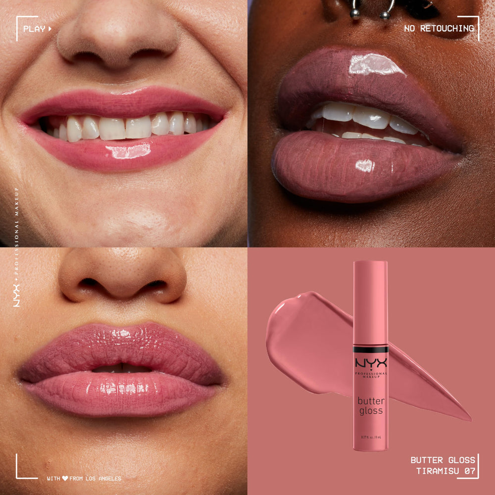 Nyx Butter Gloss Tiramisu swatches reveal sheer to medium coverage.