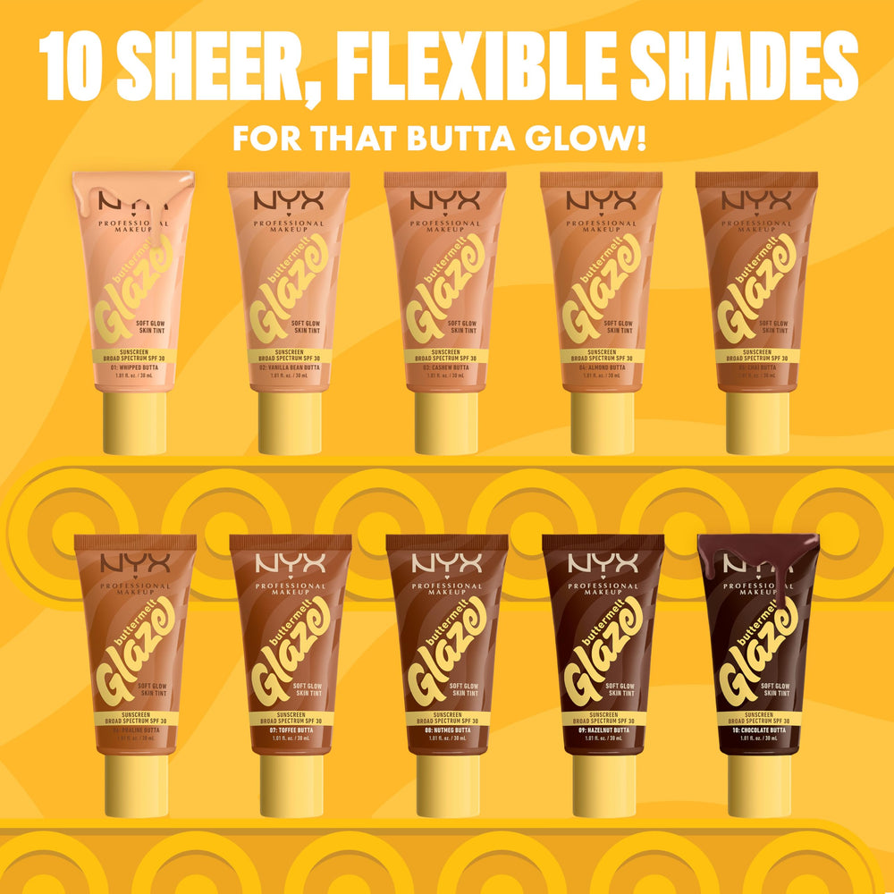 NYX Professional Makeup Buttermelt Glaze Almond Butta 04 shade for warm sheer glow.