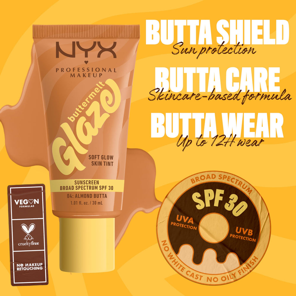 NYX Professional Makeup Buttermelt Glaze no white cast for natural-looking coverage.