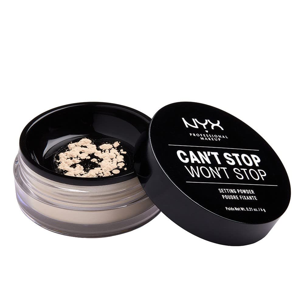 NYX Can't Stop Won't Stop loose setting powder in Light demonstrates a matte finish for oil control.
