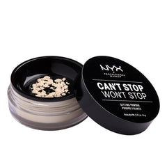 NYX Can't Stop Won't Stop loose setting powder in Light demonstrates a matte finish for oil control.