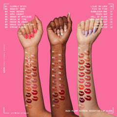 NYX Duck Plump 18-shades range swatches display versatile glossy options