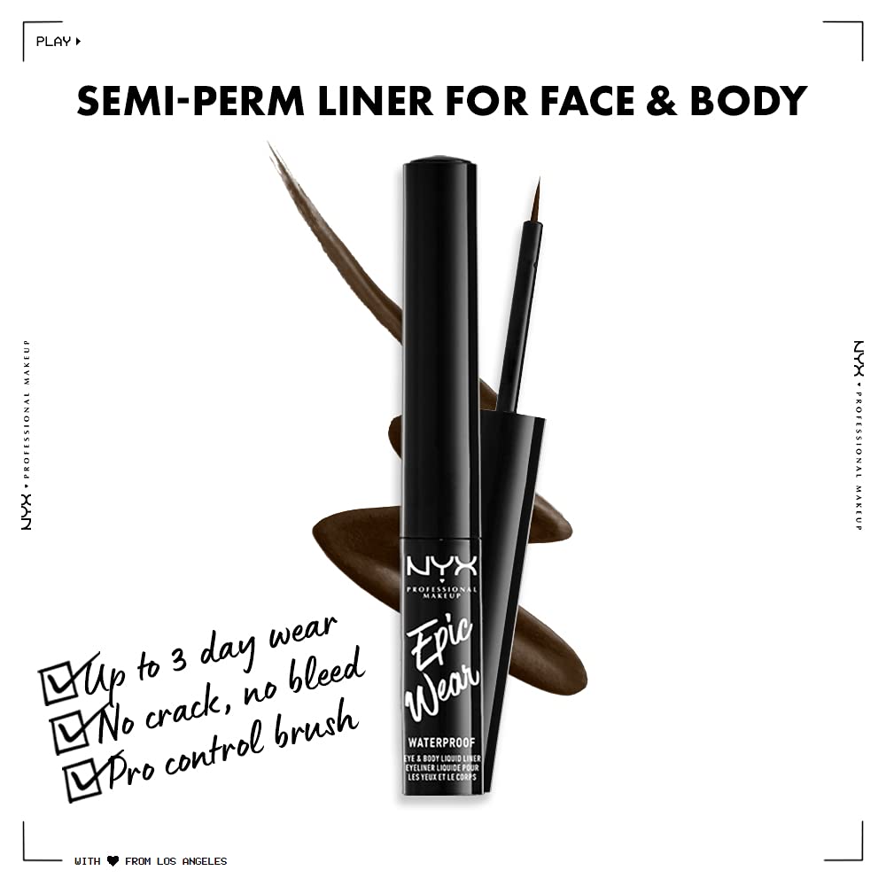 NYX Epic Wear Liquid Liner Brown applied on eyelids for bold, smudge-resistant definition.