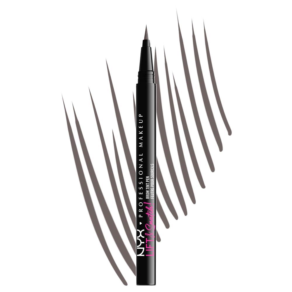NYX Lift and Snatch Eyebrow Tint Pen gray-black close-up shows precise micro-brush for natural-to-dramatic brows.