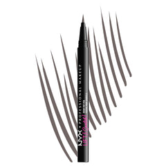 NYX Lift and Snatch Eyebrow Tint Pen gray-black close-up shows precise micro-brush for natural-to-dramatic brows.