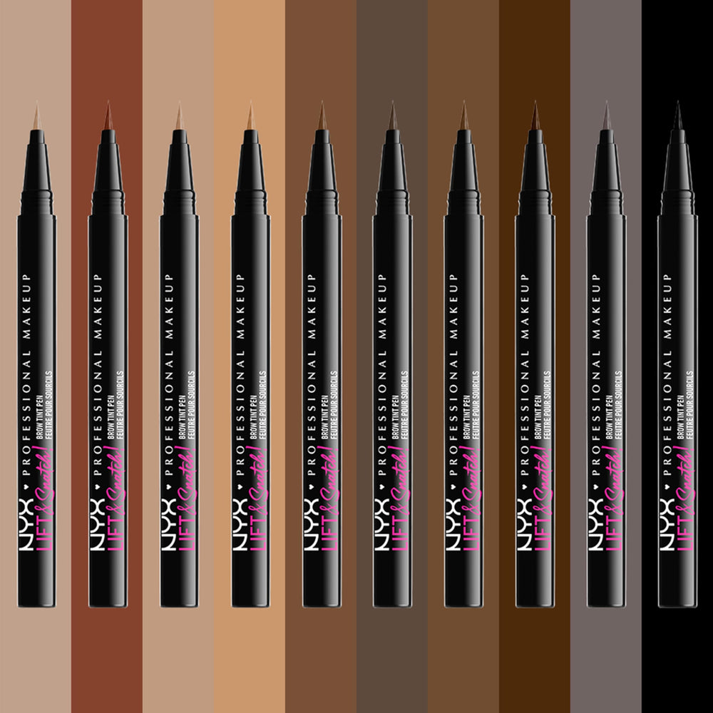NYX Lift and Snatch Brow Tint Pen vertical-application shows upward flick technique for lifted effect.