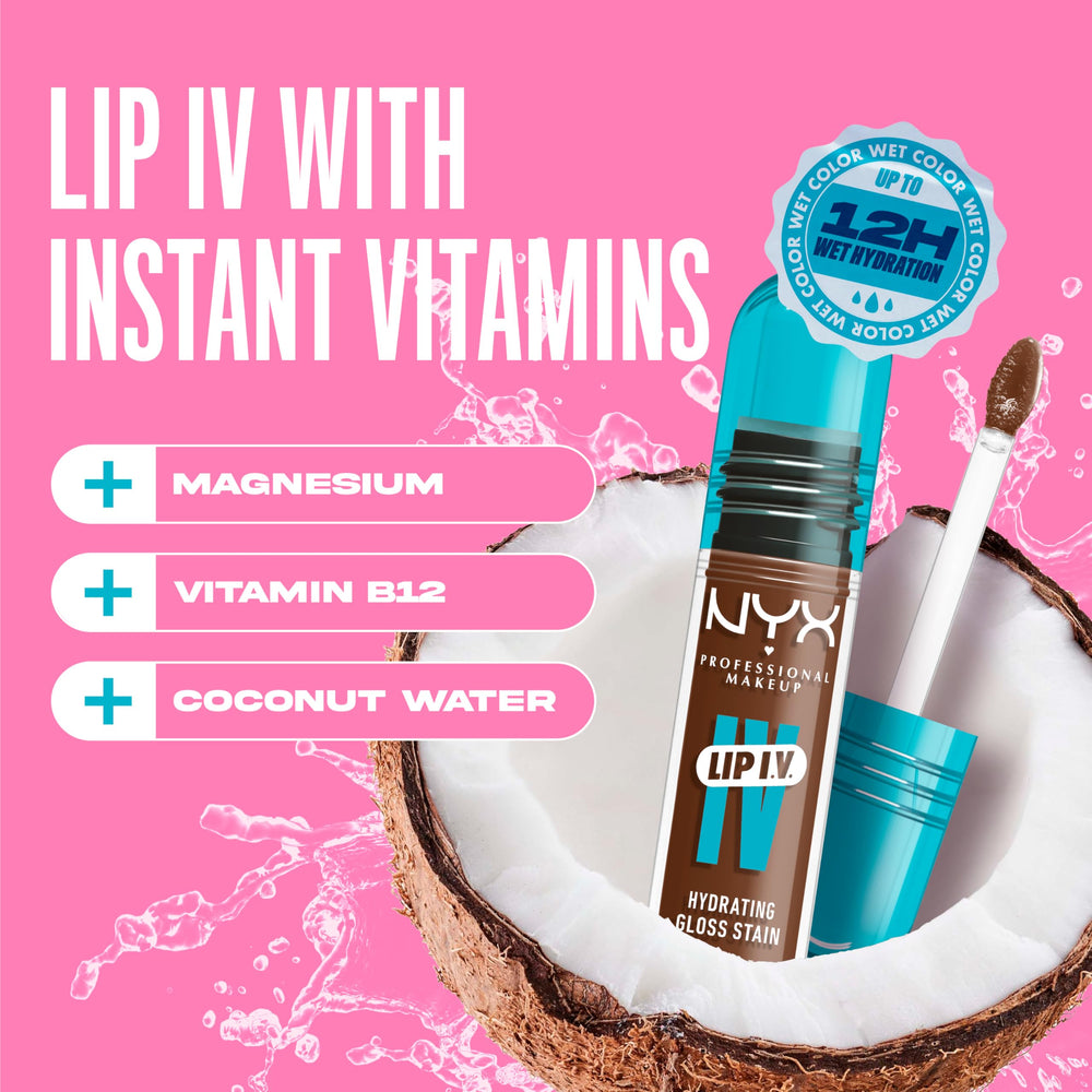 Skin swatch demonstrates 12HR hydration and long-lasting stain.