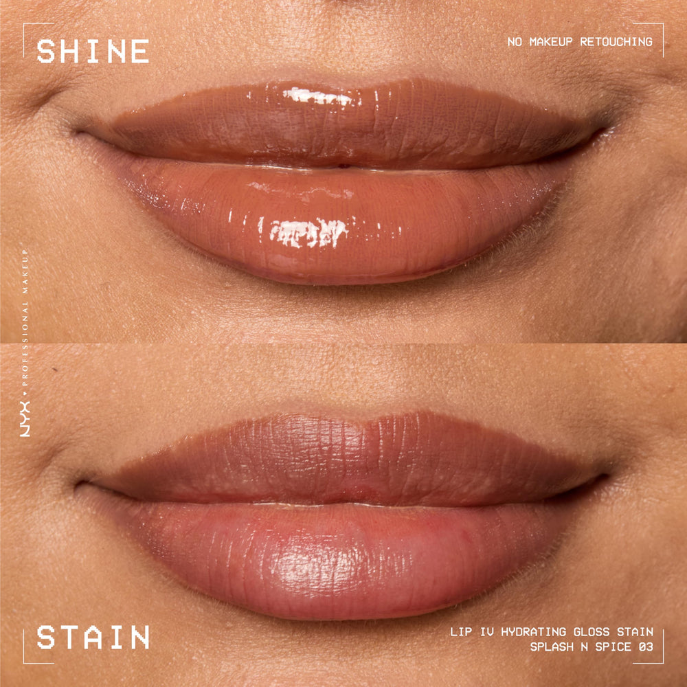 Wet-shine close-up highlights vitamin-enriched gloss for nourished-looking lips.