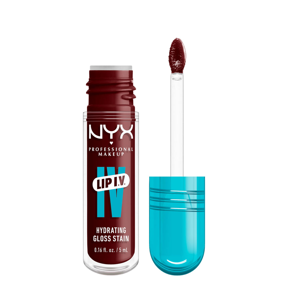 NYX Lip IV Water Bout Wine bottle closeup shows glossy, hydrated red color.
