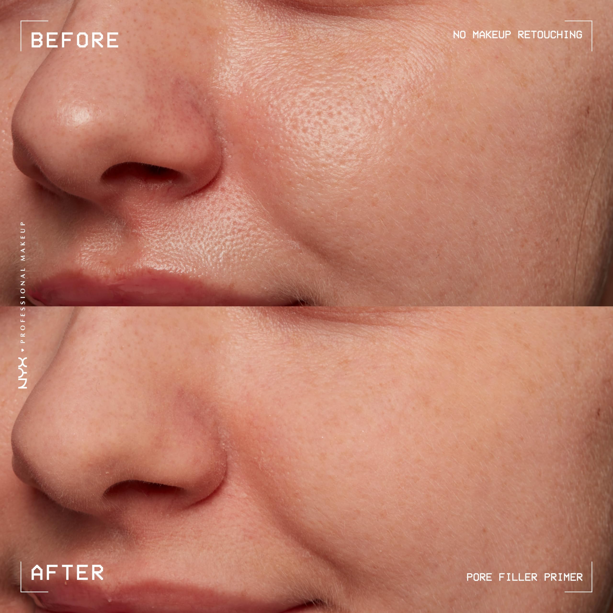 NYX Professional Makeup Pore Filler before-foundation shot highlights pore-minimizing base.