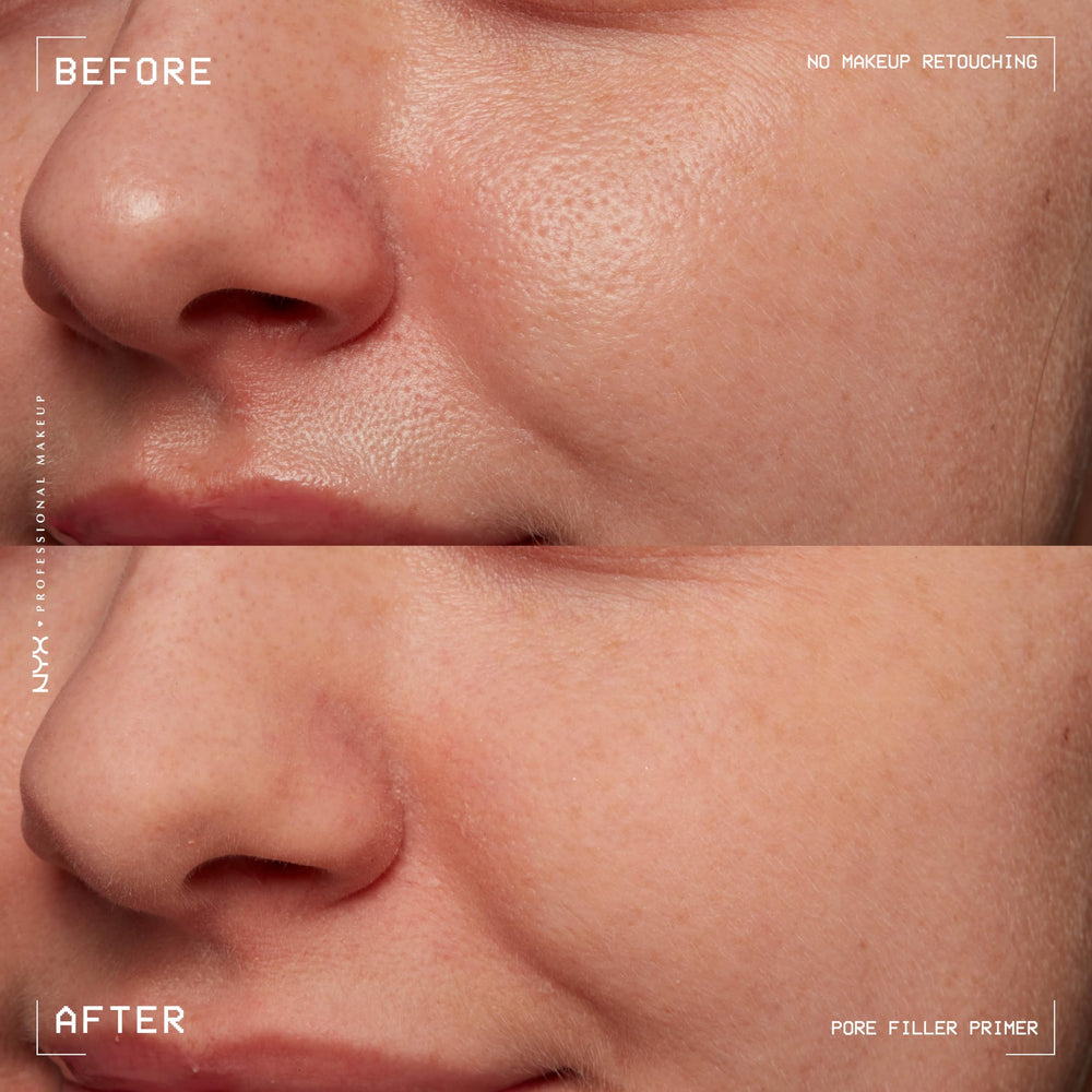 NYX Professional Makeup Pore Filler before-foundation shot highlights pore-minimizing base.