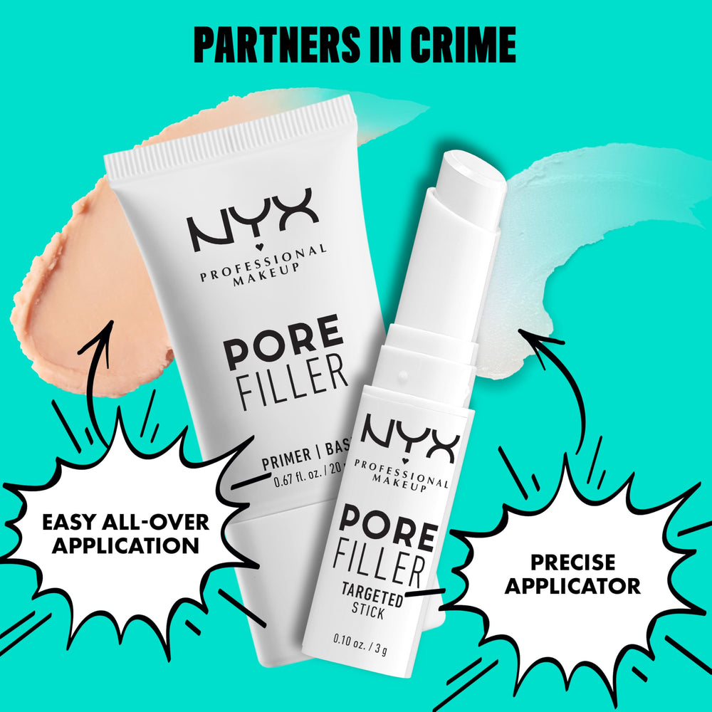 NYX Professional Makeup Pore Filler porcelain-skin closeup illustrates shine suppression.