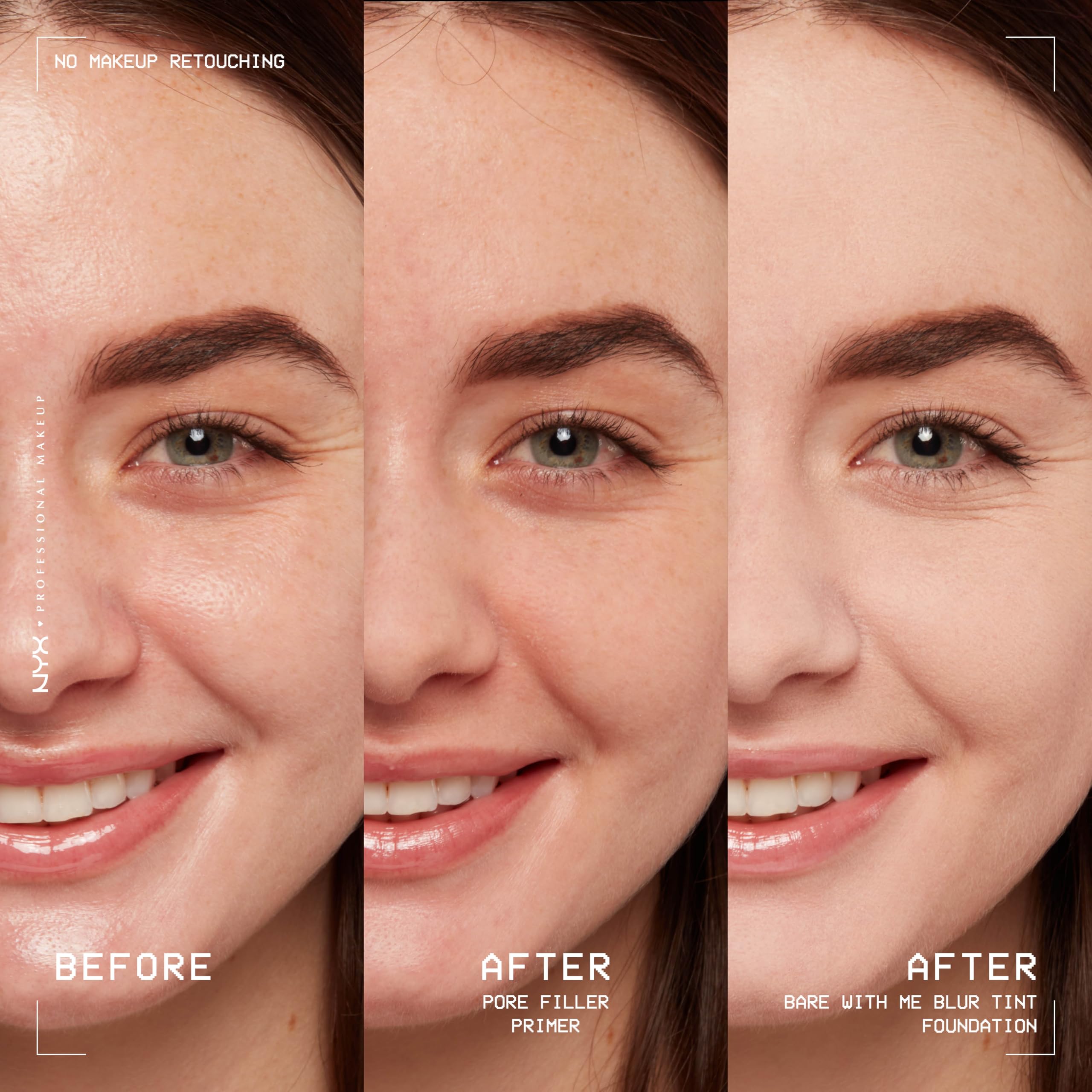 NYX Professional Makeup Pore Filler pore-minimizing texture shows smoother skin under makeup.