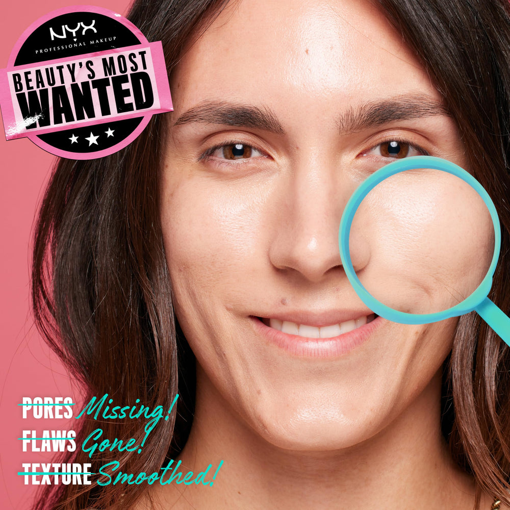 NYX Professional Makeup Pore Filler skin-smoothing closeup shows a refined, even complexion.