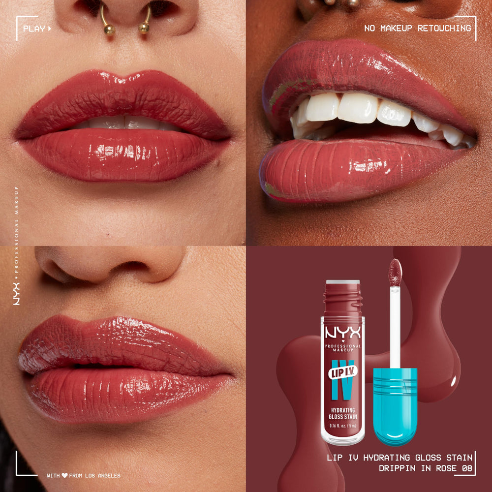 NYX Lip IV swatch on Drippin In Rose shows vitamin-infused gloss with lightweight, stain-like color