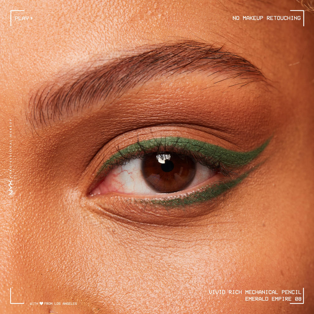 NYX Professional Makeup Mechanical Eye Pencil Emerald Empire swatches highlight vibrant gem tones for versatile styles.