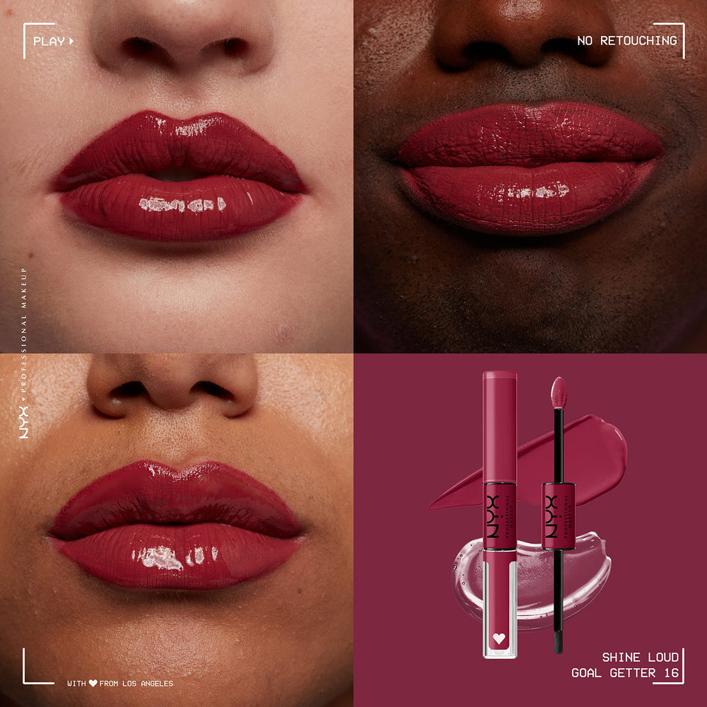 Close-up of NYX Shine Loud Goal Getter tubes highlighting bold color