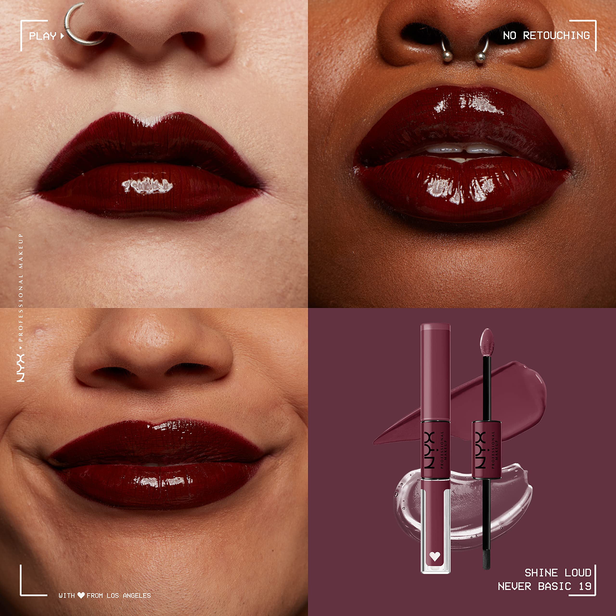NYX Shine Loud lip color on lips delivering ultra-pigmented, glassy shine