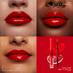 NYX Shine Loud warm red swatch shows vibrant, high-shine finish
