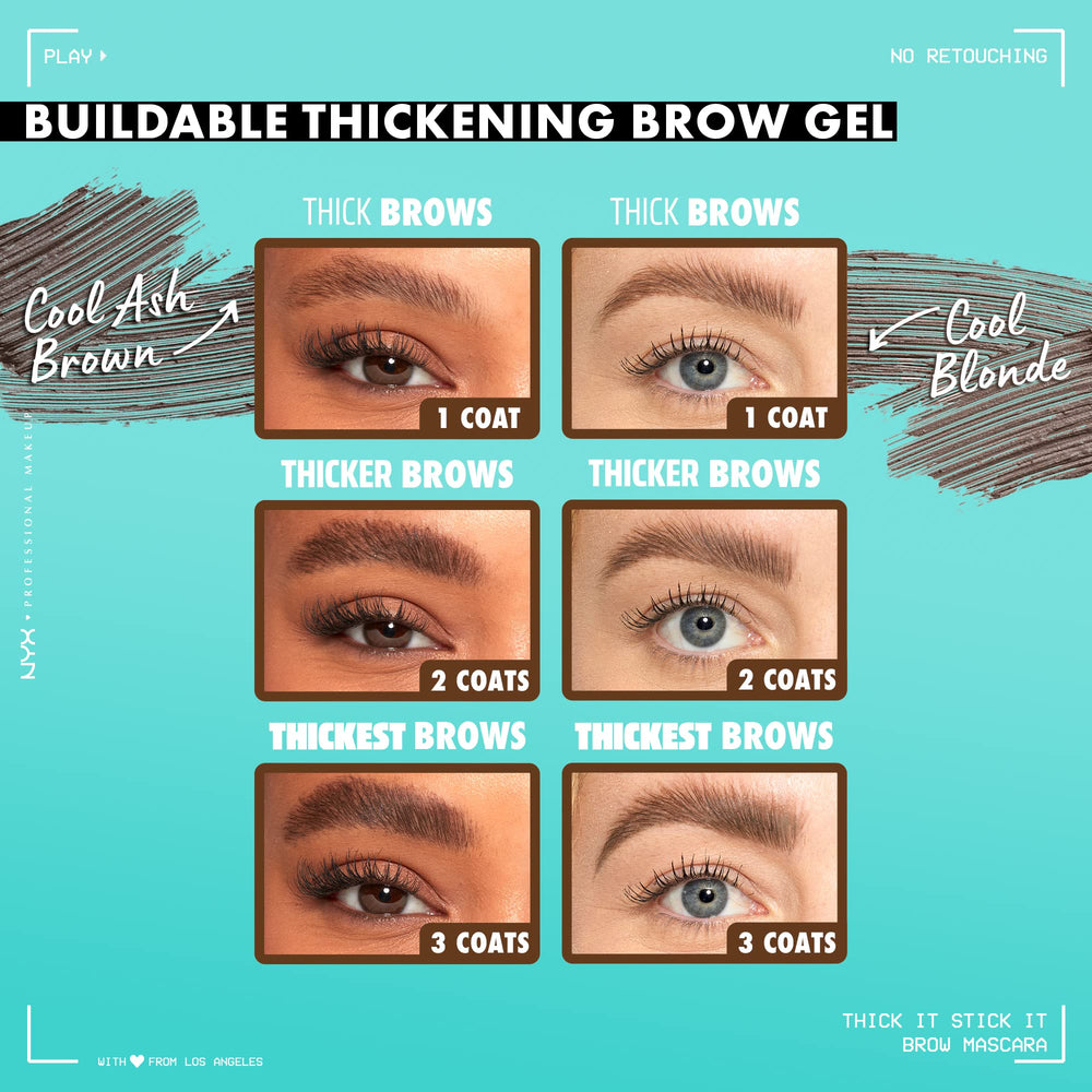 NYX Thick It Stick It brow mascara before-after highlights thickening effect.