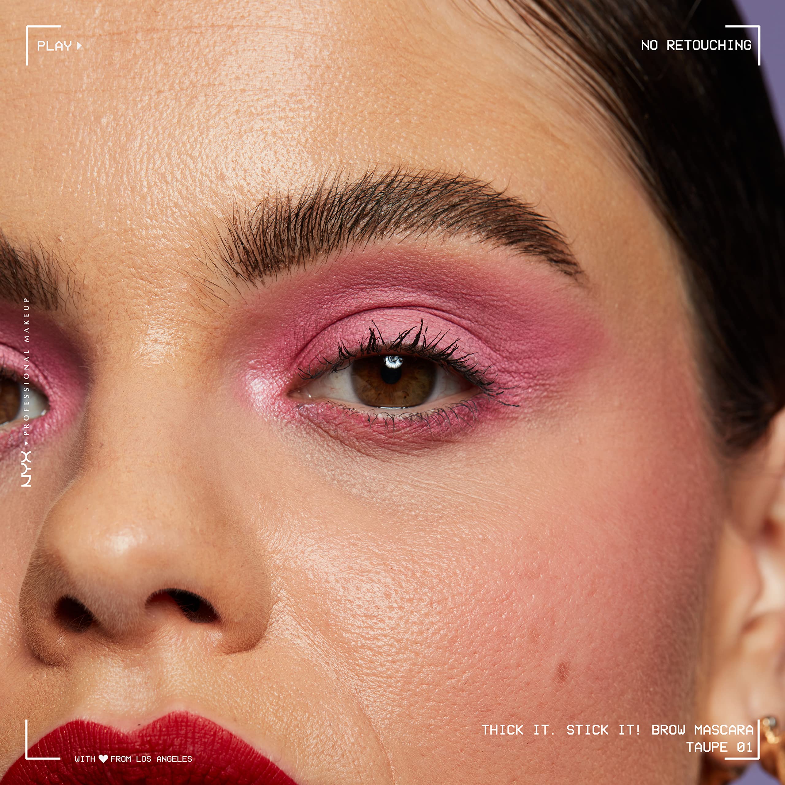 NYX Thick It Stick It brow mascara shows brow line fill for definition.