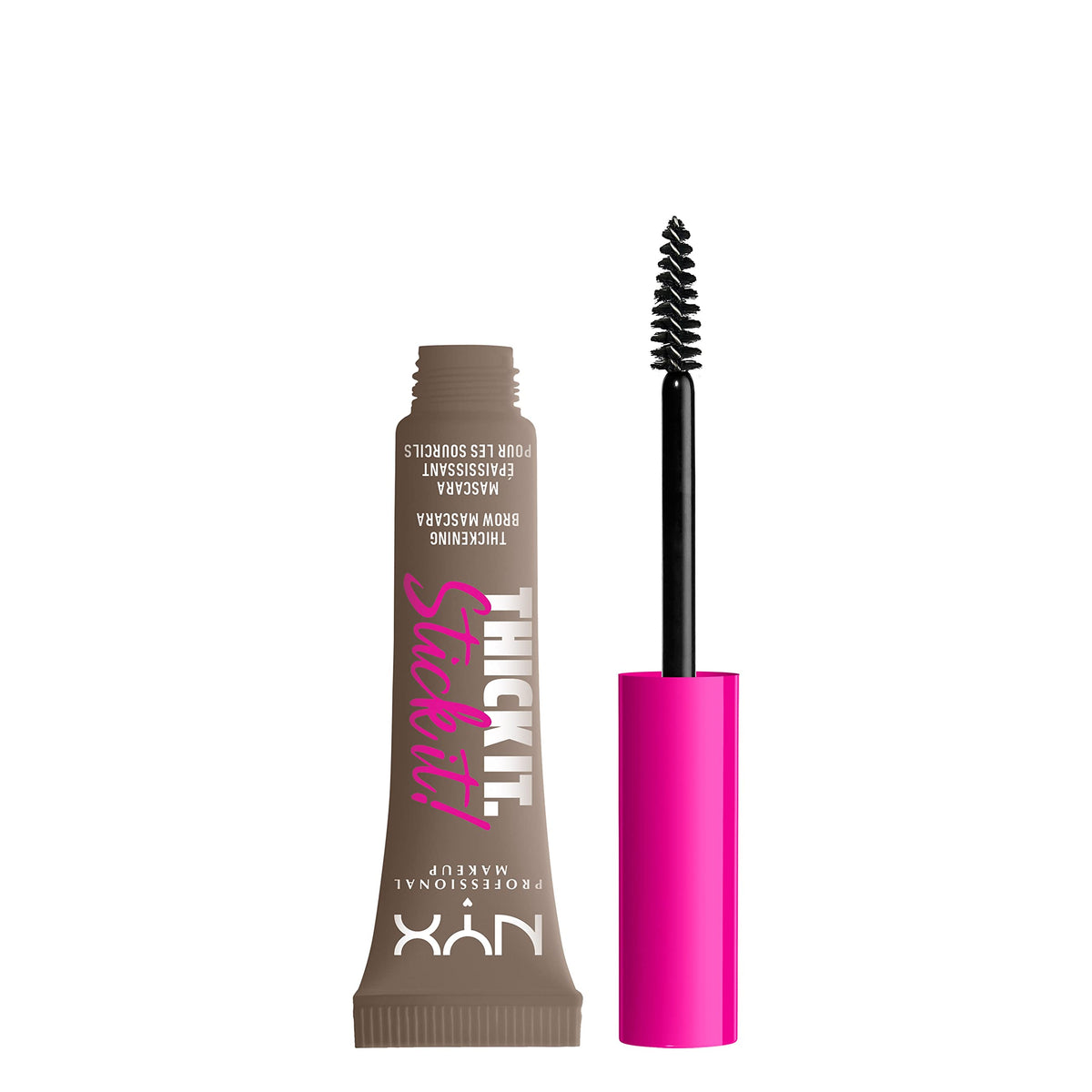NYX Thick It Stick It brow mascara tube closeup for long-lasting natural tint.