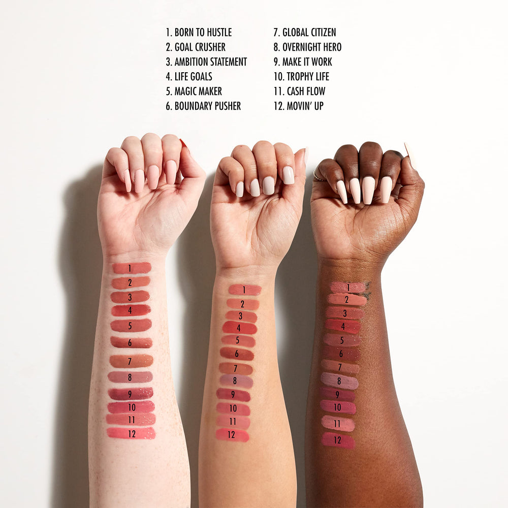 Dual swatch of basecoat and topcoat on lips for vivid, glossy finish