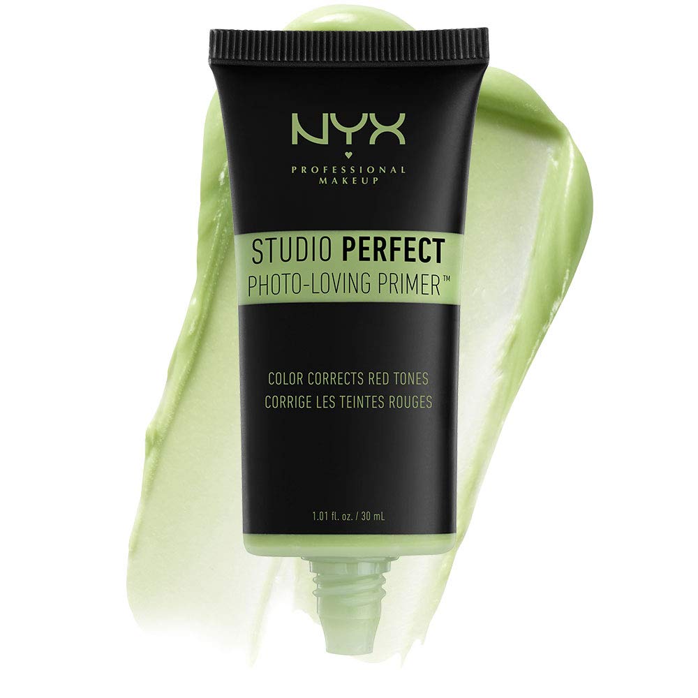 NYX Studio Perfect Primer Green bottle close-up showing redness-neutralizing formula