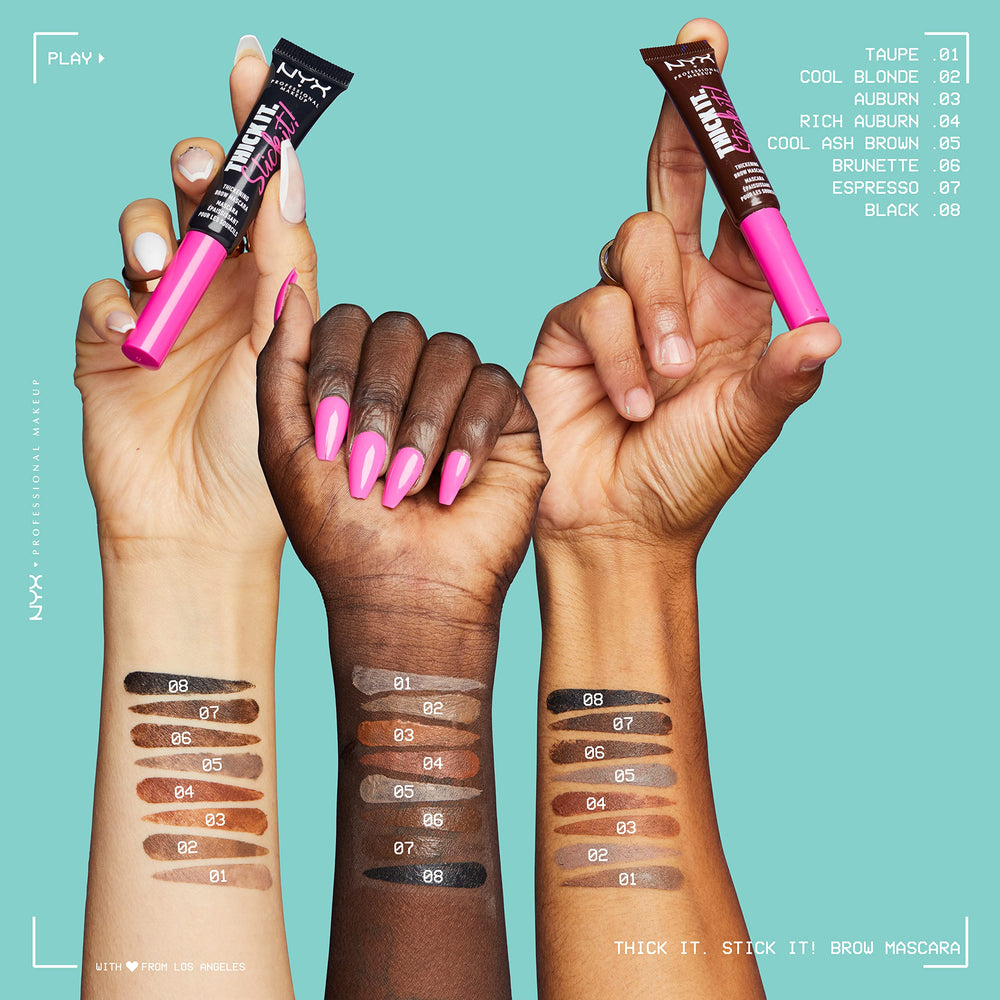 NYX Thick It Stick It brow gel wand swatch for shade depth