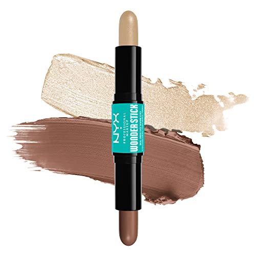 NYX Wonder Stick finished look highlights contoured cheeks and illuminated brow.