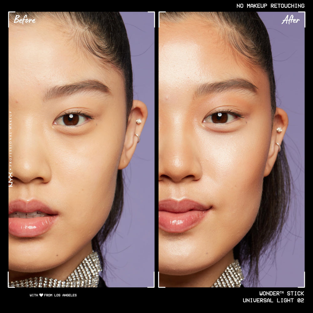 NYX Wonder Stick highlight-brighten on cheekbones for instant radiance.